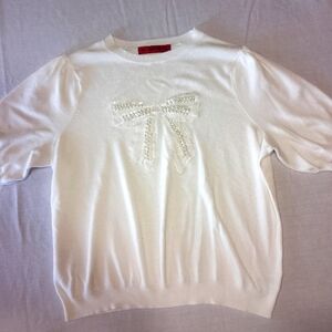 Love Scarlett Faux Pearls Bow Puff Short Sleeve Dressy Sweater